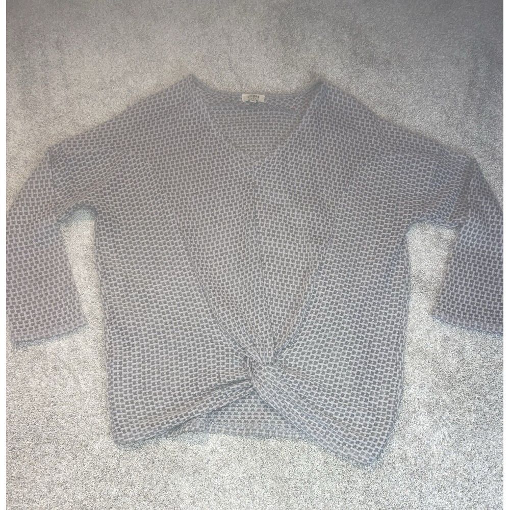 Umgee Gray White Waffle V Neck Sweater Twist Bottom Oversized Womens Sz L